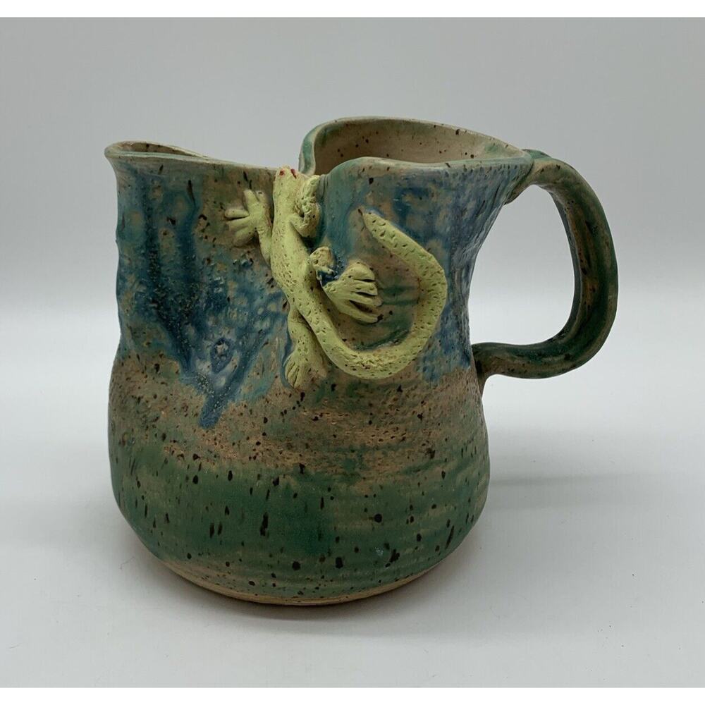Art Pottery Pitcher Vase Blue And Green With Gecko Climbing 5” Tall